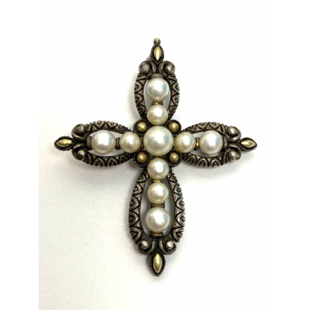Barbara Bixby Pearl Cross Enhancer Pendant Sterling Silver 925 18K Ornate